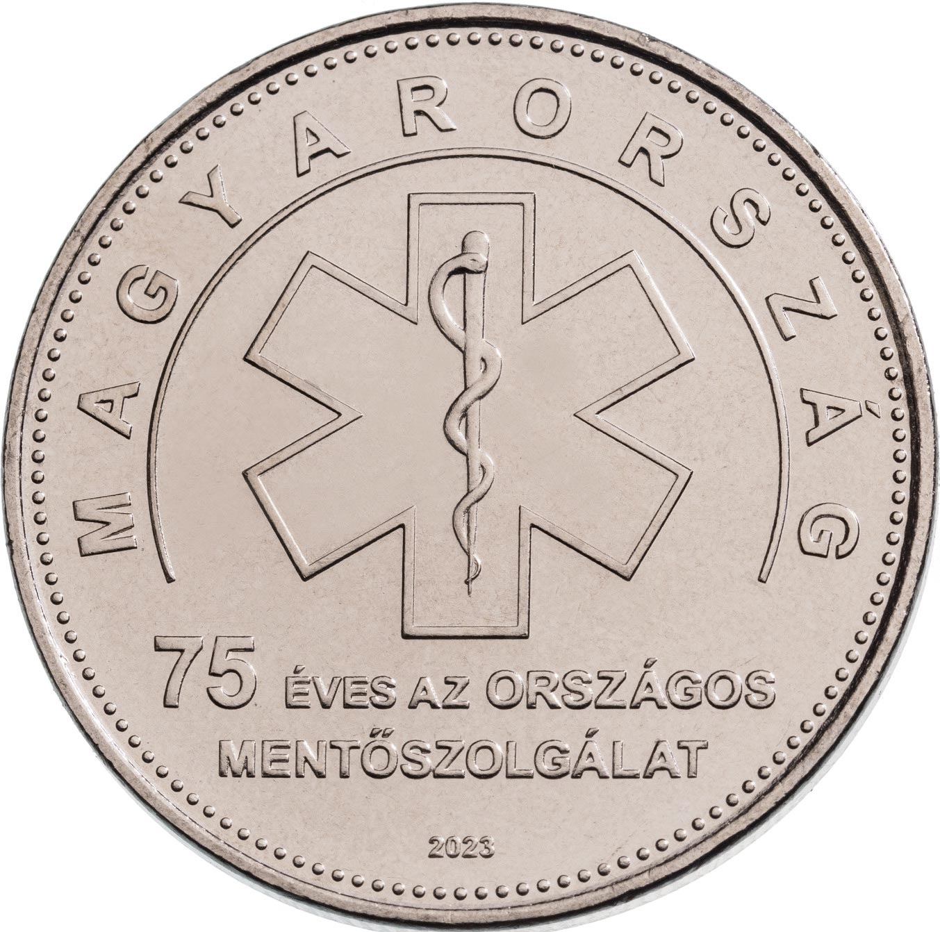 Image of 50 forint coin - 75th anniversary of the Hungarian National Ambulance Service | Hungary 2023.  The Copper–Nickel (CuNi) coin is of BU quality.