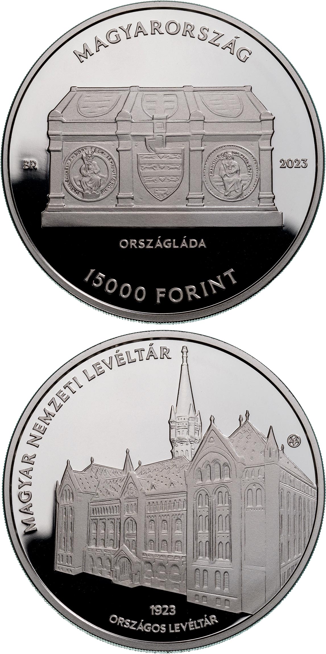 Image of 15000 forint coin - National Archives of Hungary | Hungary 2023.  The Silver coin is of Proof quality.