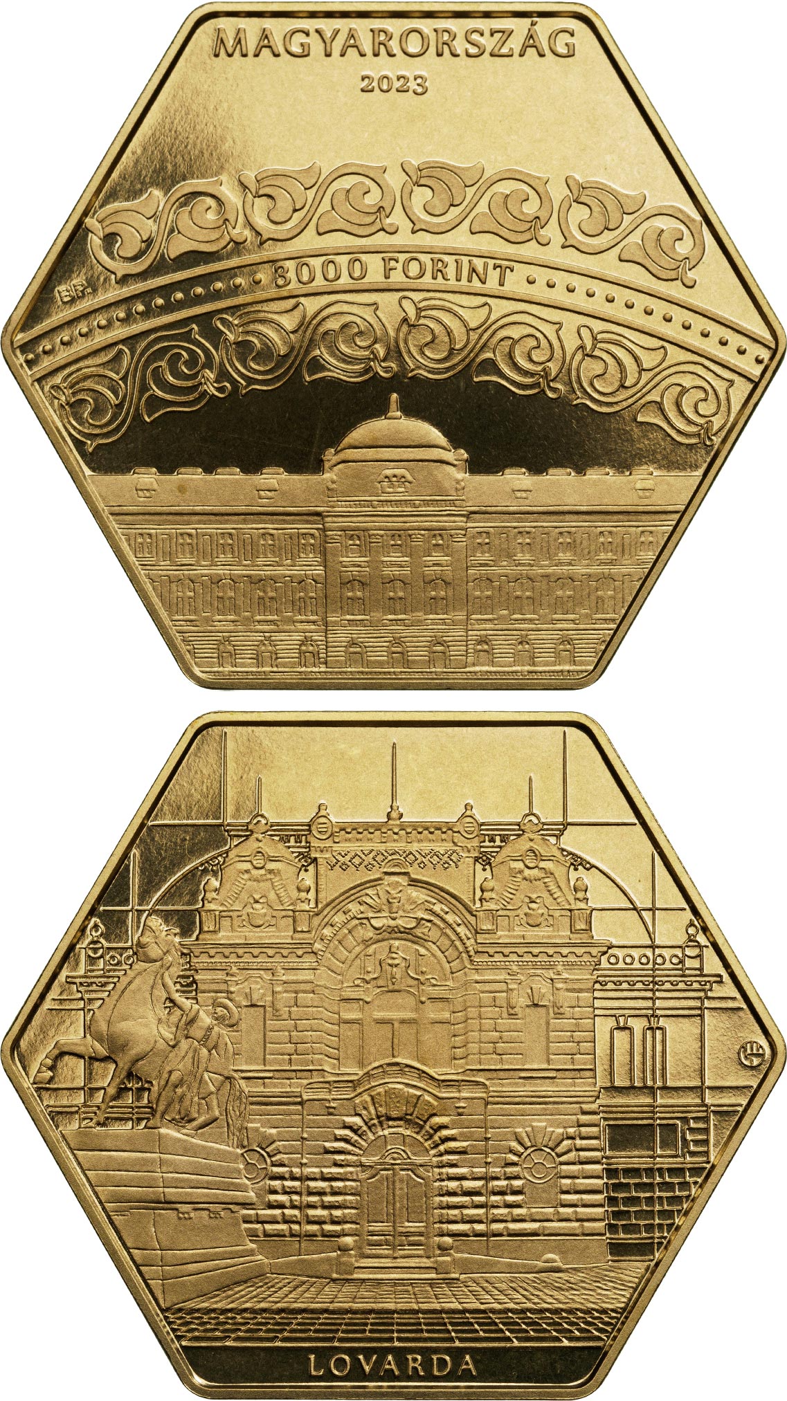 Image of 3000 forint coin - National Riding Hall | Hungary 2023.  The Nordic gold (CuZnAl) coin is of proof-like quality.