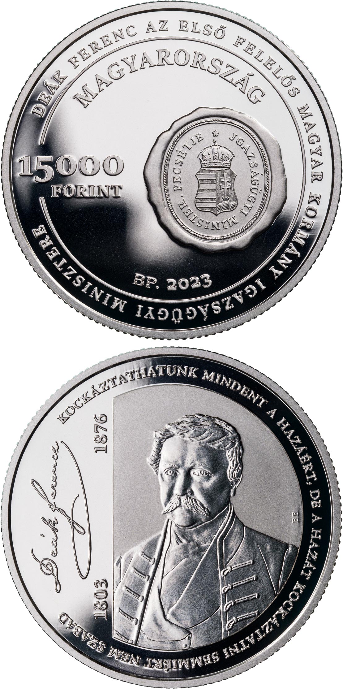 Image of 15000 forint coin - 220th anniversary of Ferenc Deák’s birth | Hungary 2023.  The Silver coin is of Proof quality.