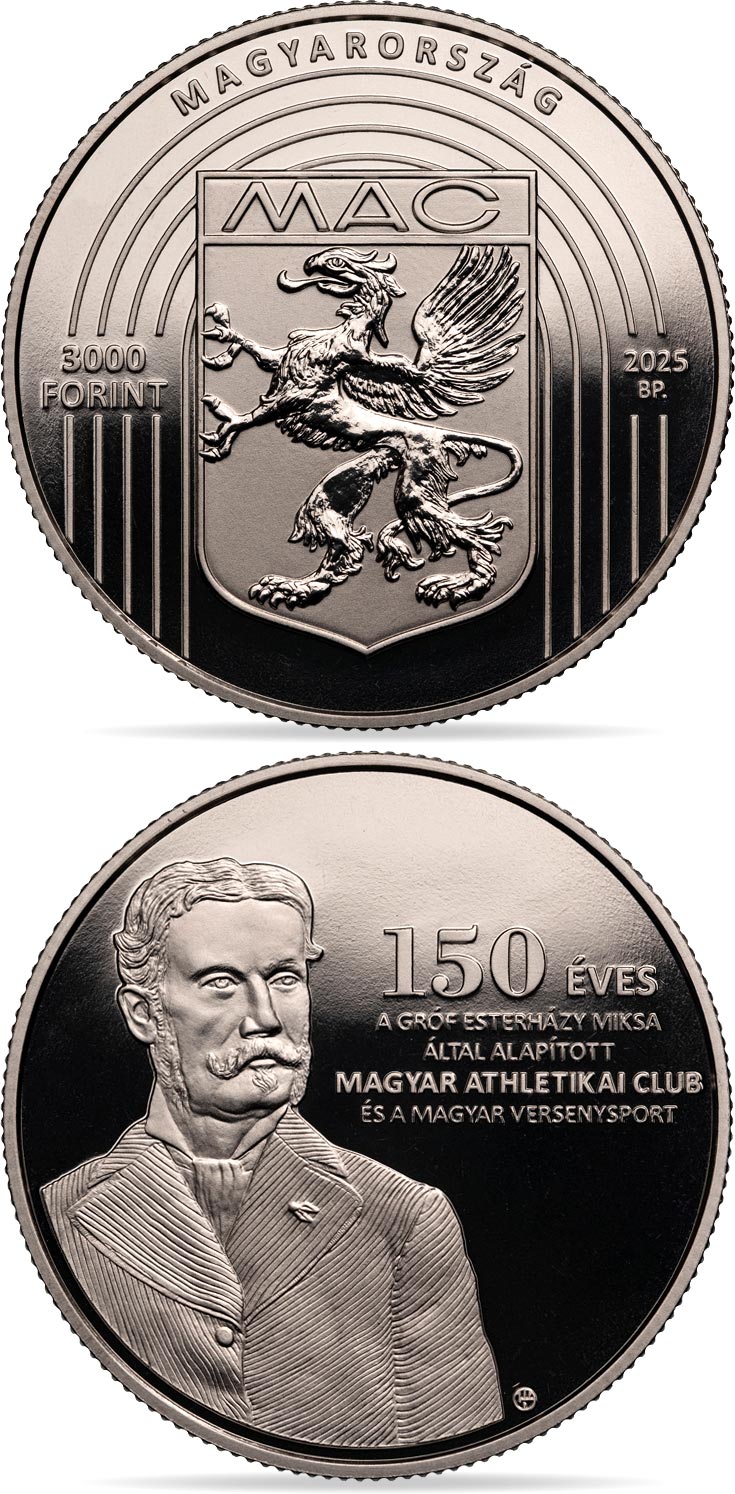 Image of 3000 forint coin - 150 years of the Hungarian Athletics Club and Hungarian Competitive Sports | Hungary 2025.  The Brass coin is of proof-like quality.