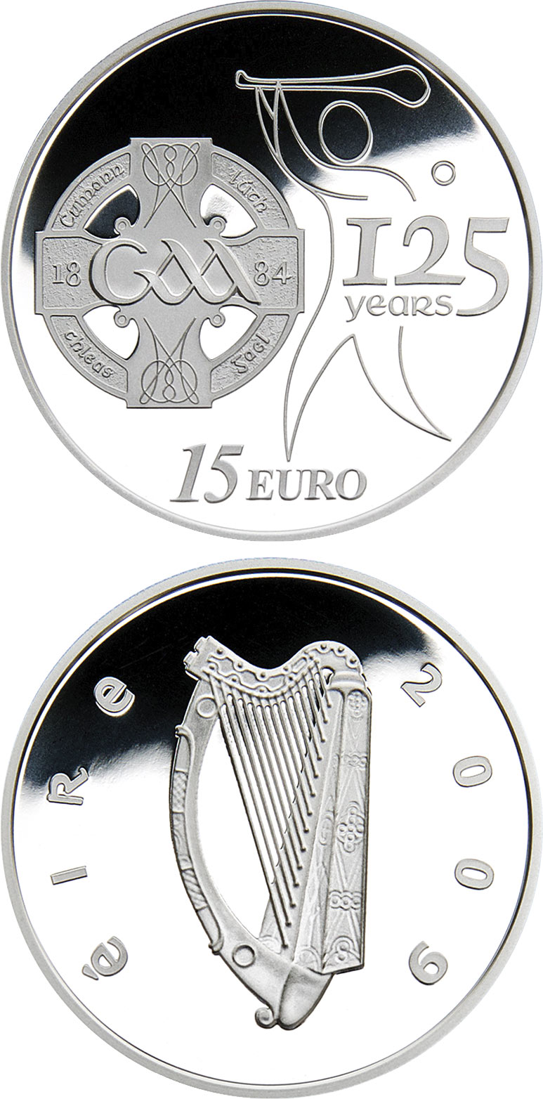 Image of 15 euro coin - 125 Years of the GAA | Ireland 2009.  The Silver coin is of Proof quality.