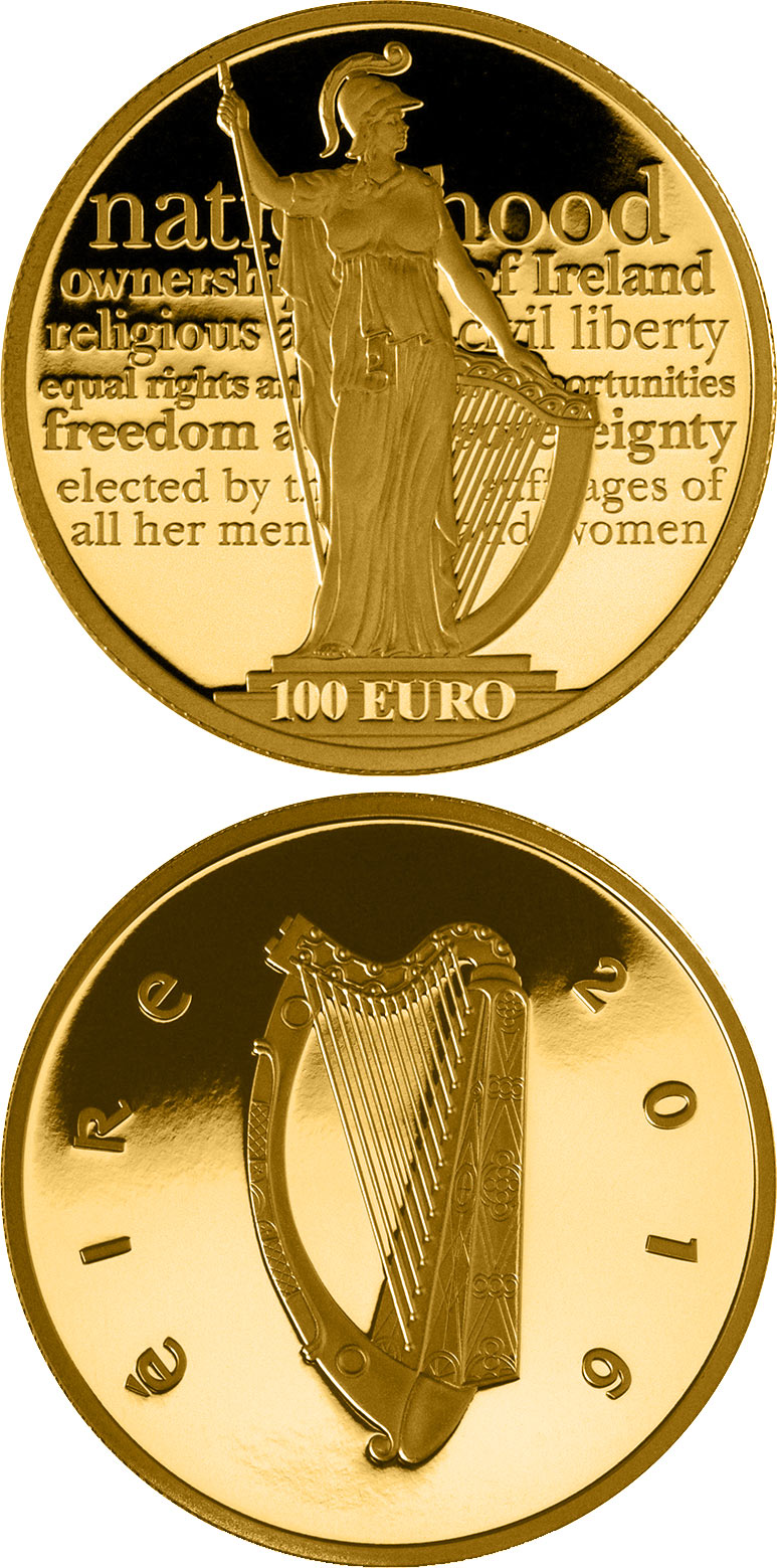 Image of 100 euro coin - 100th anniversary of the Proclamation of the Irish Republic | Ireland 2016.  The Gold coin is of Proof quality.
