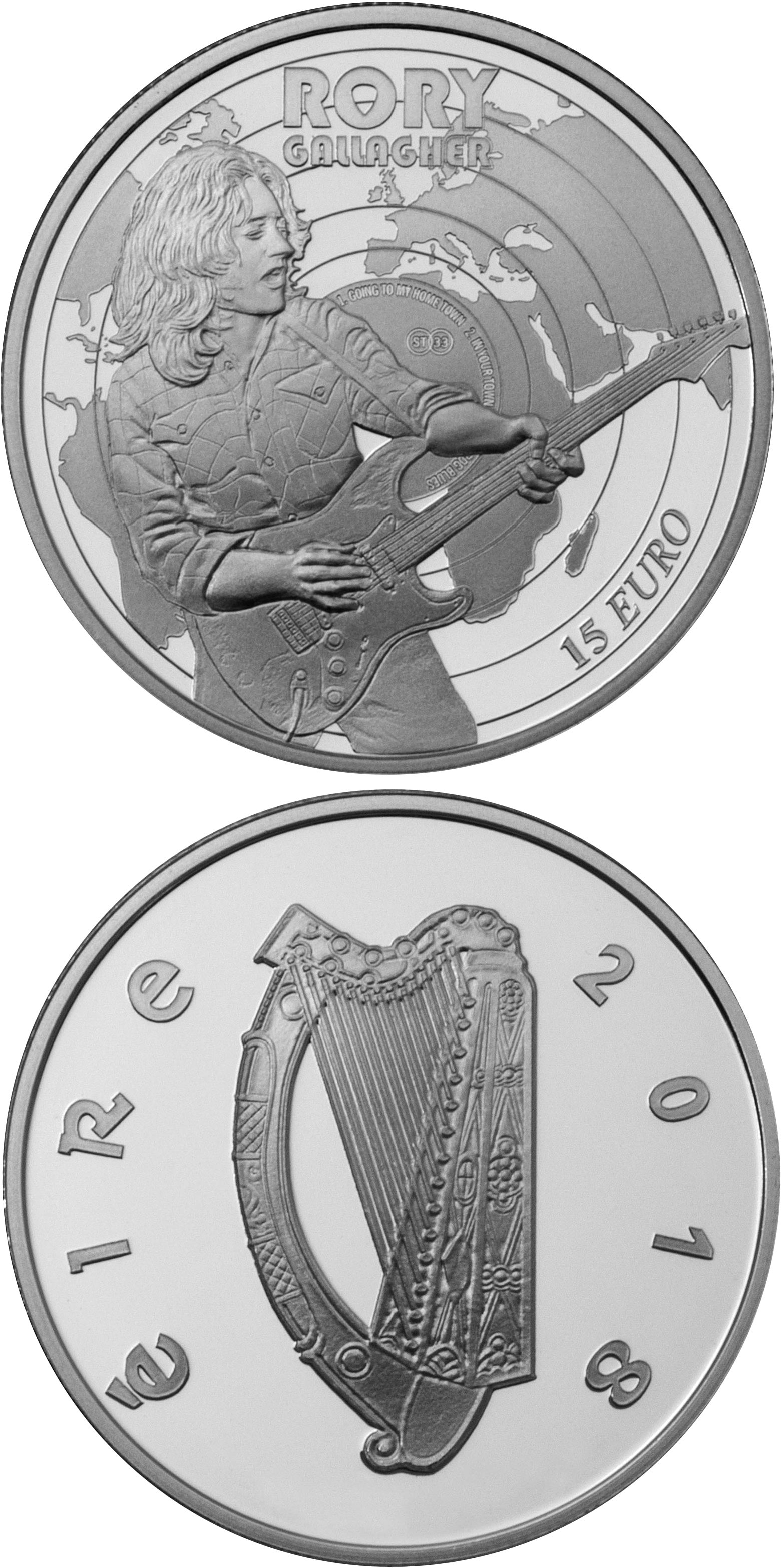 Image of 15 euro coin - Modern Irish Musicians - Rory Gallagher | Ireland 2018.  The Silver coin is of Proof quality.
