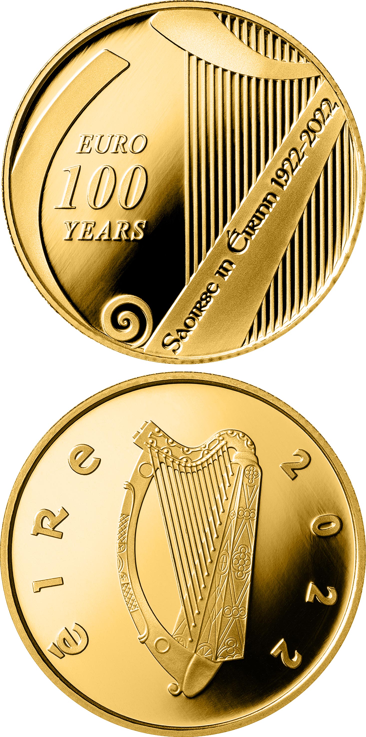 Image of 100 euro coin - 100 Years Since the Establishment of the State | Ireland 2022.  The Gold coin is of Proof quality.