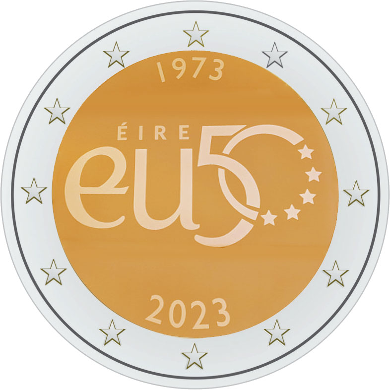 Image of 2 euro coin - 50 Years of European Union Membership | Ireland 2023