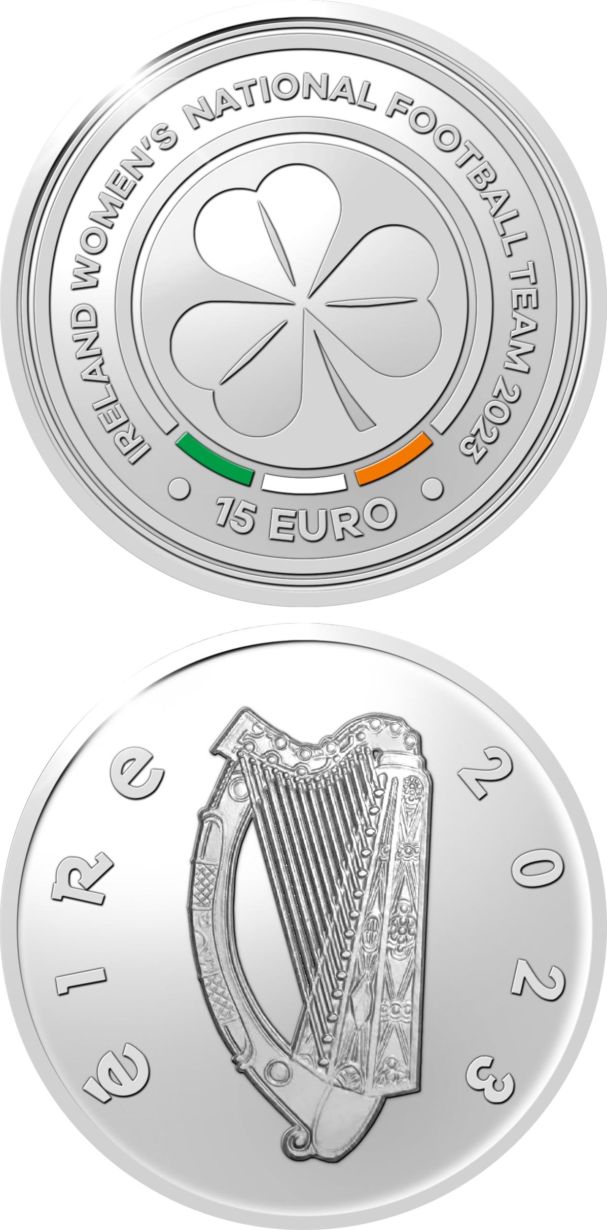 Image of 15 euro coin - Ireland Womens Football Team | Ireland 2023.  The Silver coin is of Proof quality.