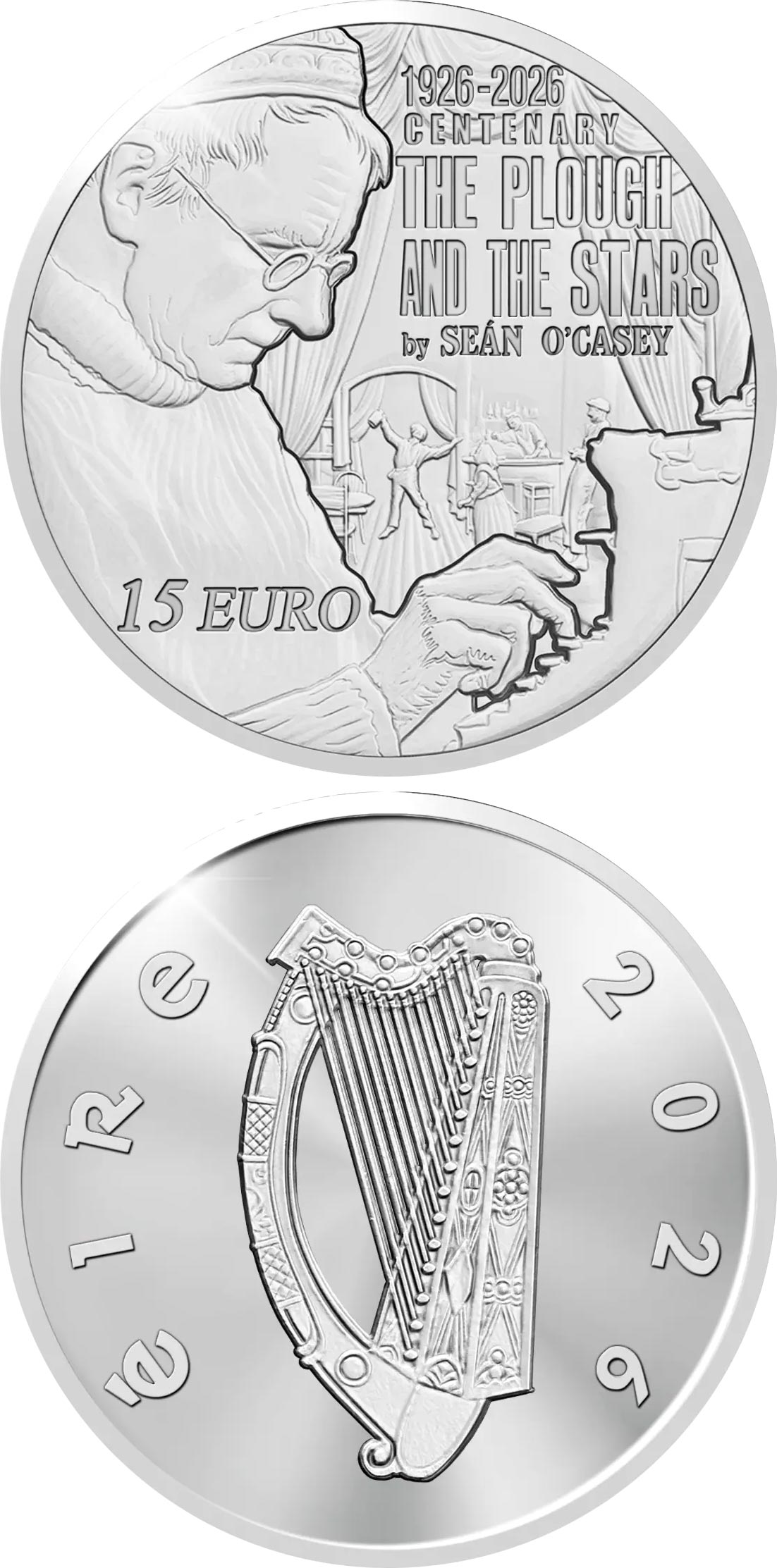 Image of 15 euro coin - 100th Anniversary of the Plough and the Stars at the Abbey Theatre | Ireland 2026.  The Silver coin is of Proof quality.