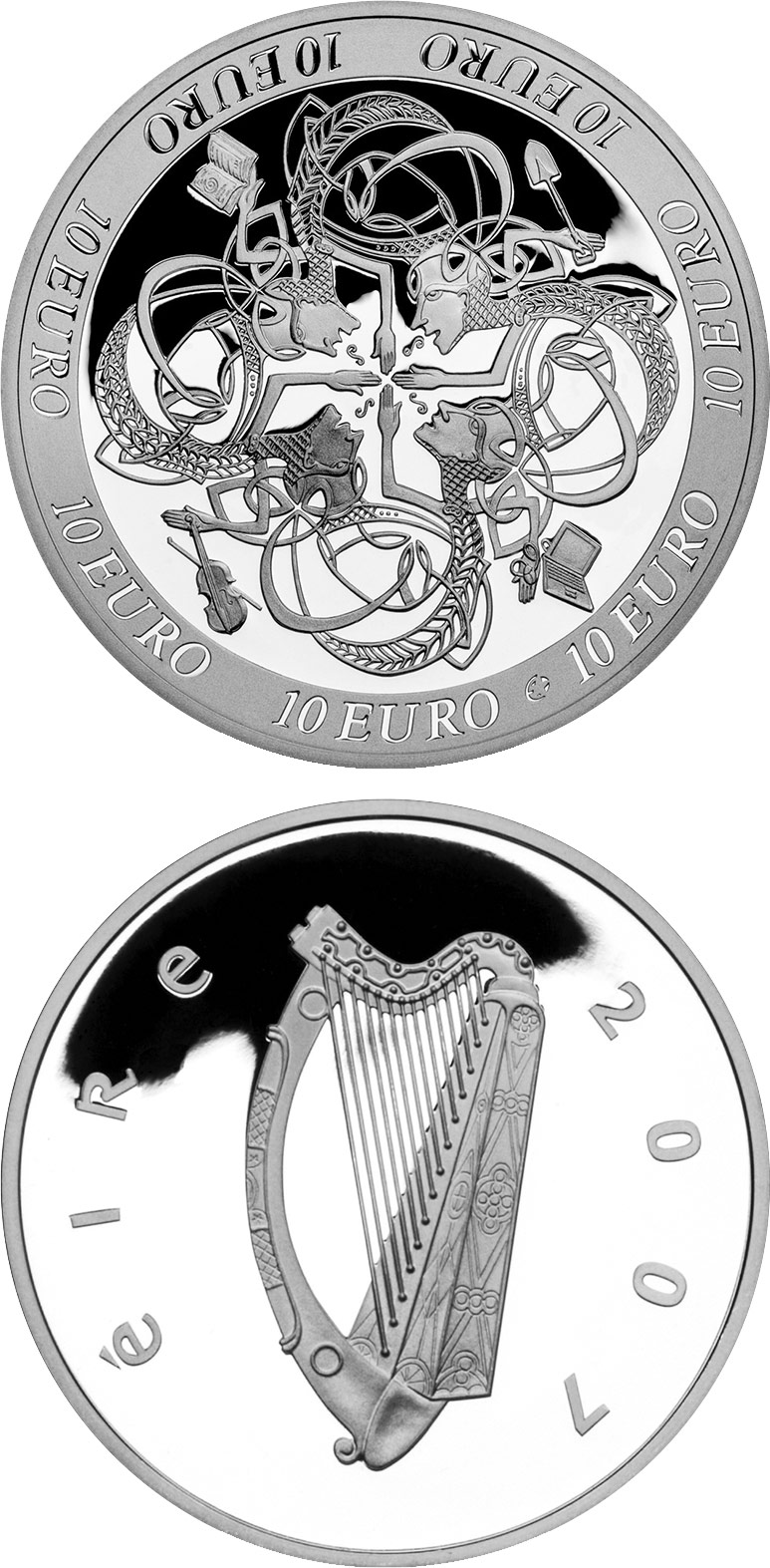 Image of 10 euro coin - Ireland’s Influence on European Celtic culture | Ireland 2007.  The Silver coin is of Proof quality.