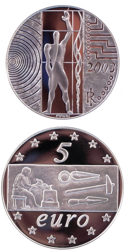 Image of 5 euro coin - Europe of the Work | Italy 2003.  The Silver coin is of Proof, BU quality.