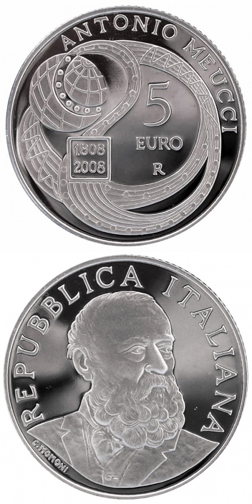 Image of 5 euro coin - 200th anniversary of the birth Antonio Meucci | Italy 2008.  The Silver coin is of Proof quality.