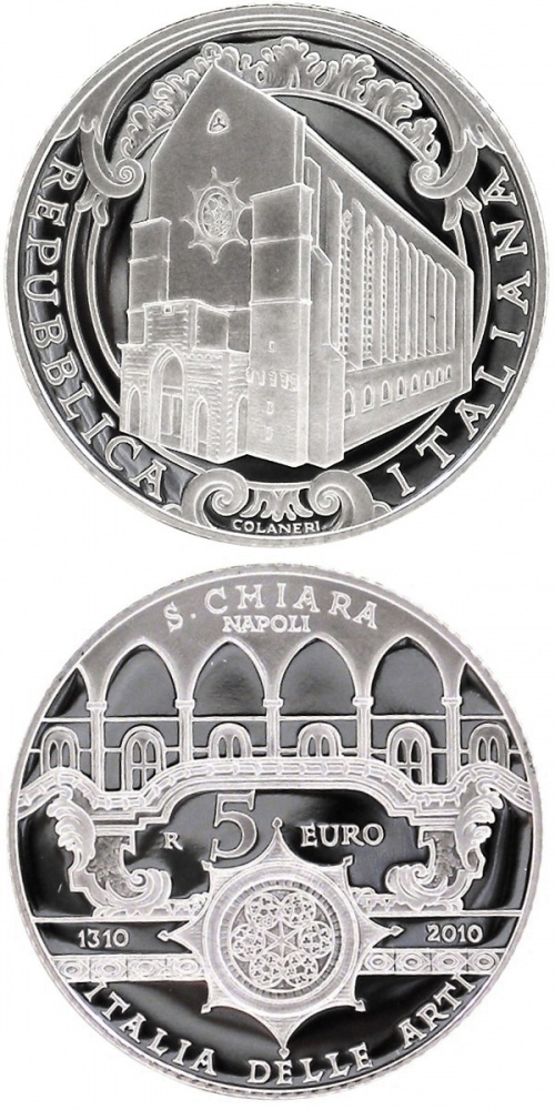 Image of 5 euro coin - Santa Chiara in Naples  | Italy 2010.  The Silver coin is of Proof quality.