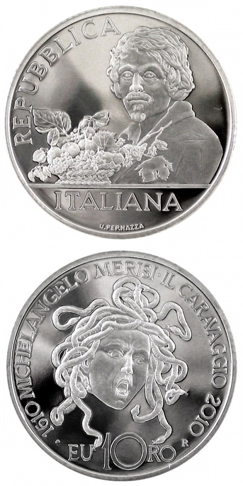 Image of 10 euro coin - 400th anniversary of the birth of  painter Caravaggio  | Italy 2010.  The Silver coin is of Proof quality.