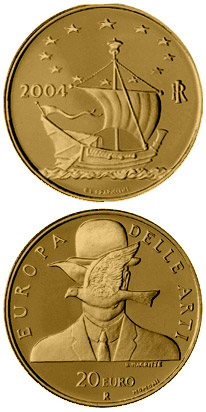 Image of 20 euro coin - Europe of the Arts - René Magritte - Belgium | Italy 2004.  The Gold coin is of Proof quality.