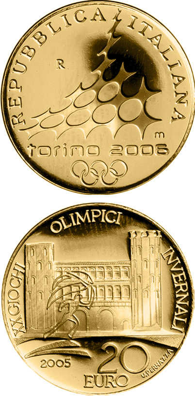 Image of 20 euro coin - XX. Olympic Winter Games 2006 in Turin - Porte Palatine | Italy 2005.  The Gold coin is of Proof quality.