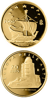 Image of 20 euro coin - Europe of the Arts - Einstein Tower - Germany | Italy 2006.  The Gold coin is of Proof quality.