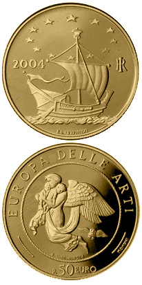Image of 50 euro coin - Europe of the Arts - Bertel Thorvaldsen - Denmark | Italy 2004.  The Gold coin is of Proof quality.