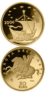 Image of 50 euro coin - Europe of the Arts - Parthenon - Greece | Italy 2006.  The Gold coin is of Proof quality.