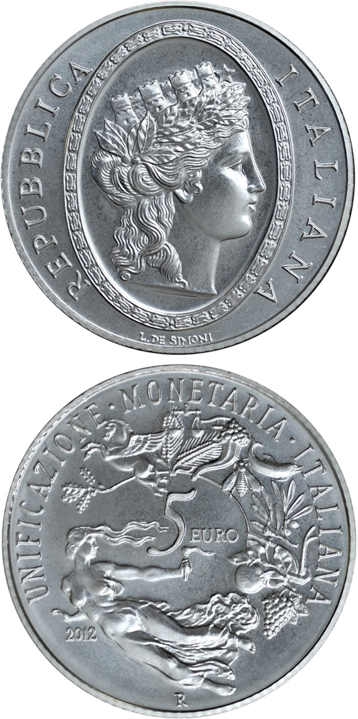 Image of 5 euro coin - 150th Anniversary of the Italian Lira | Italy 2012