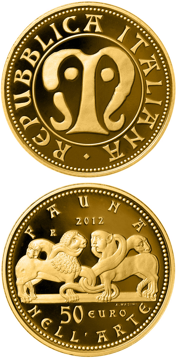 Image of 50 euro coin - Fauna in the Art | Italy 2012.  The Gold coin is of Proof quality.