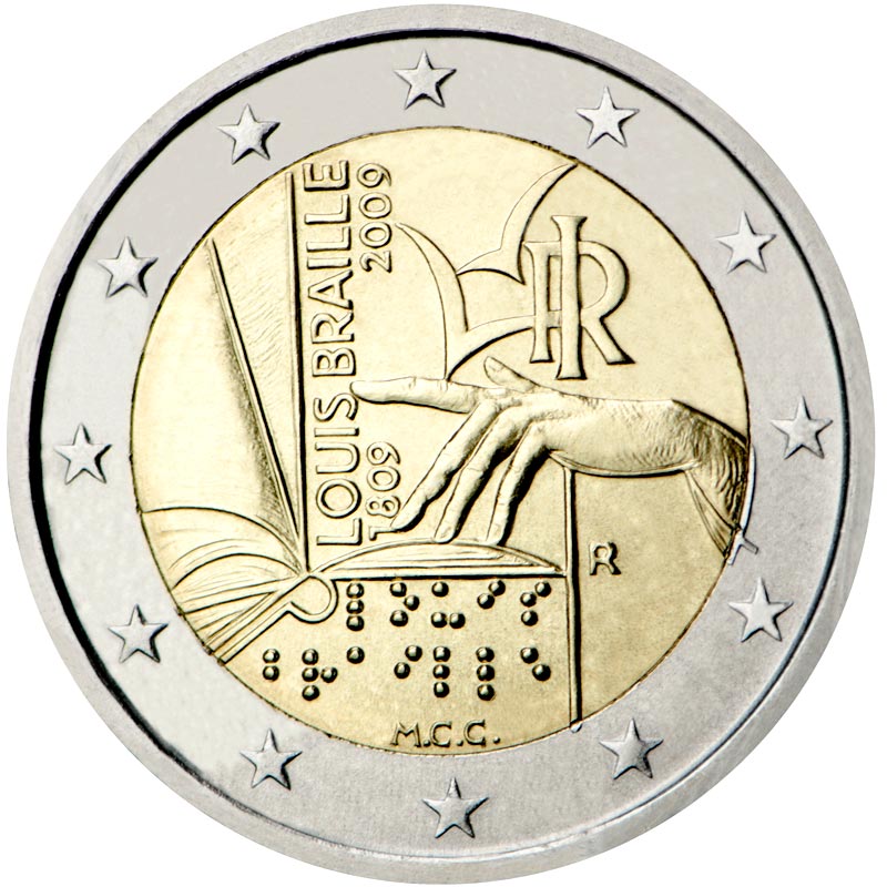 Image of 2 euro coin - 200th Anniversary of birth of Louis Braille | Italy 2009