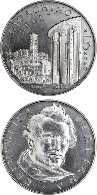 Image of 5 euro coin - 150th Anniversary of the Death of Giuseppe Gioacchino Belli | Italy 2013