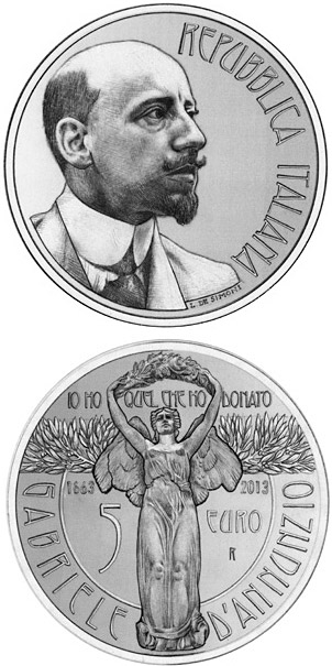 Image of 5 euro coin - 150th Anniversary of the Birth of  Gabriele D’Annunzio | Italy 2013
