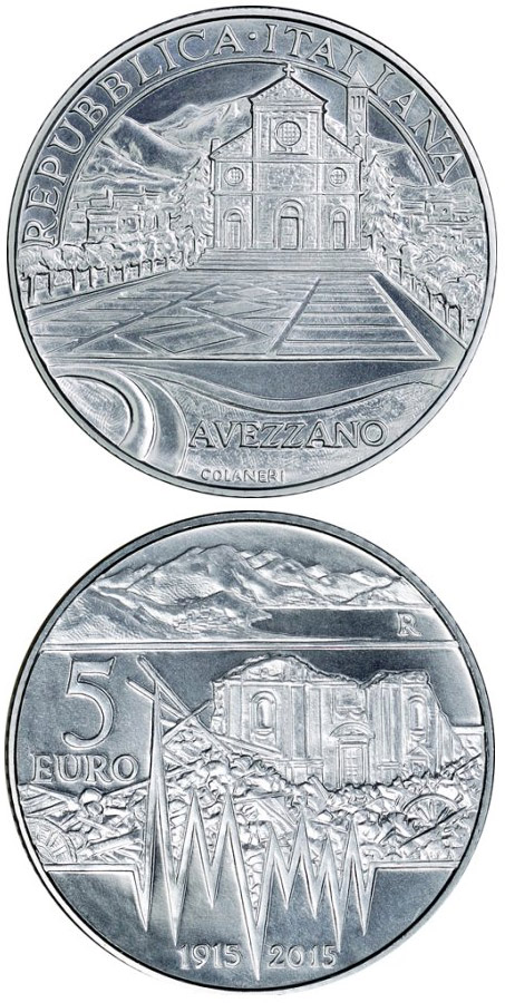 Image of 5 euro coin - 100 Years of Earthquake in Avezzano | Italy 2015