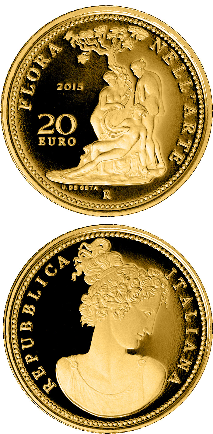 Image of 20 euro coin - Flora in the Art: Neoclassicism | Italy 2015.  The Gold coin is of Proof quality.