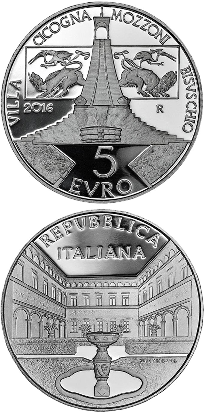 Image of 5 euro coin - Historical Villas & Gardens: Villa Cicogna Mozzoni | Italy 2016