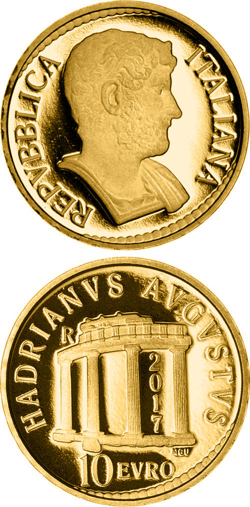 Image of 10 euro coin - Roman Emperor: Adriano | Italy 2017.  The Gold coin is of Proof quality.