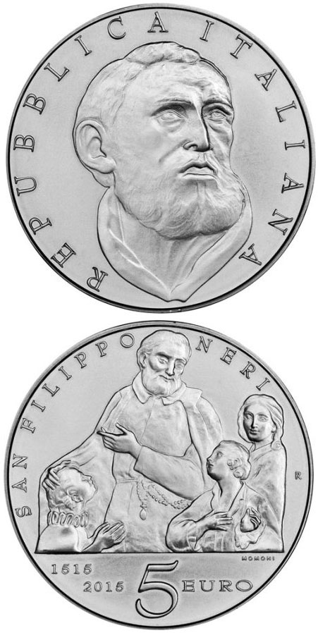 Image of 5 euro coin - 150th Anniversary it the Birth of San Filippo Neri | Italy 2015