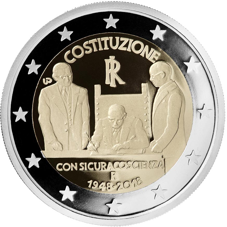 Image of 2 euro coin - 70 Years of Constitution of the Italian Republic | Italy 2018