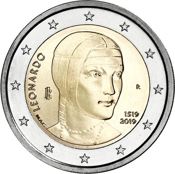 Image of 2 euro coin - 500th Anniversary of the Death of Leonardo da Vinci | Italy 2019