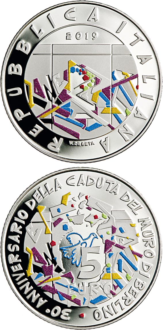 Image of 5 euro coin - 30th Anniversary of the fall of the Berlin Wall | Italy 2019.  The Silver coin is of Proof quality.