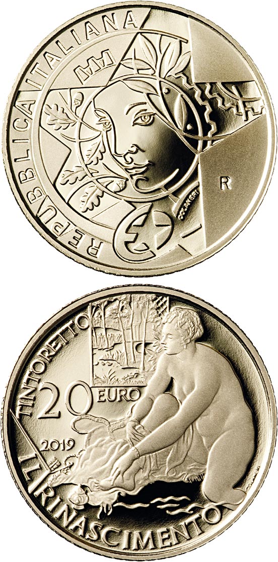Image of 20 euro coin - Renaissance | Italy 2019.  The Gold coin is of Proof quality.
