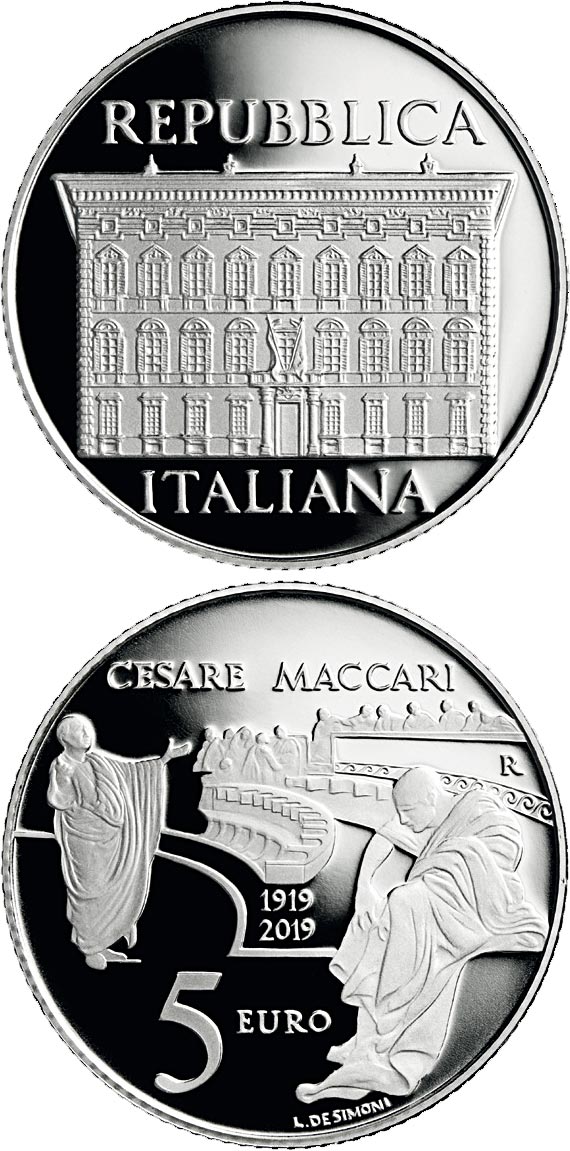 Image of 5 euro coin - Centenary of the disappearance of Cesari Maccari | Italy 2019