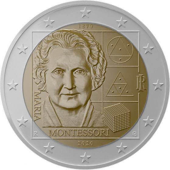 Image of 2 euro coin - 150th Anniversary of the Birth of Maria Montessori | Italy 2020