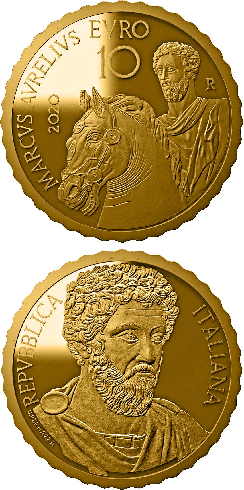 Image of 10 euro coin - Marcus Aurelius | Italy 2020.  The Gold coin is of Proof quality.