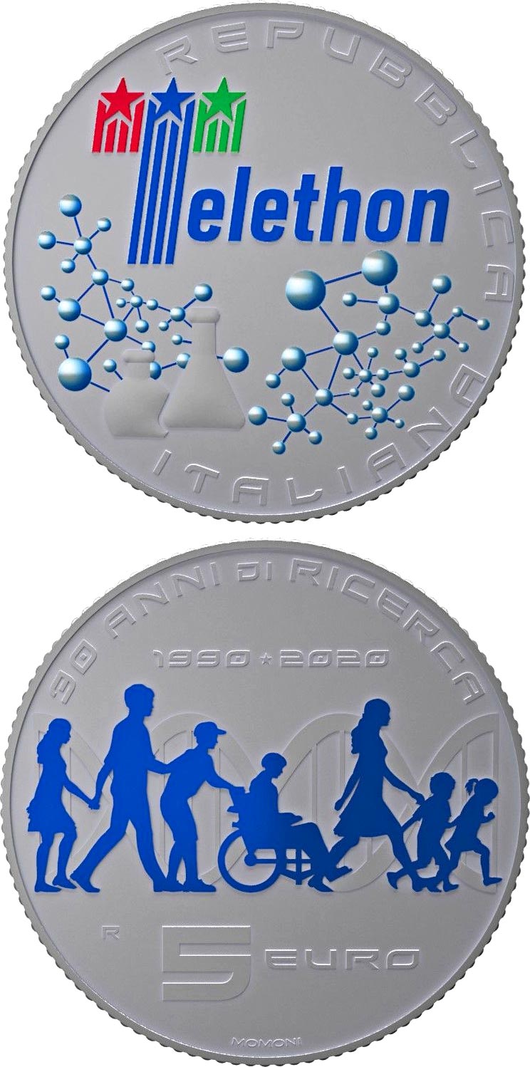 Image of 5 euro coin - 30th Anniversary of the Telethon Foundation | Italy 2020.  The Silver coin is of BU quality.