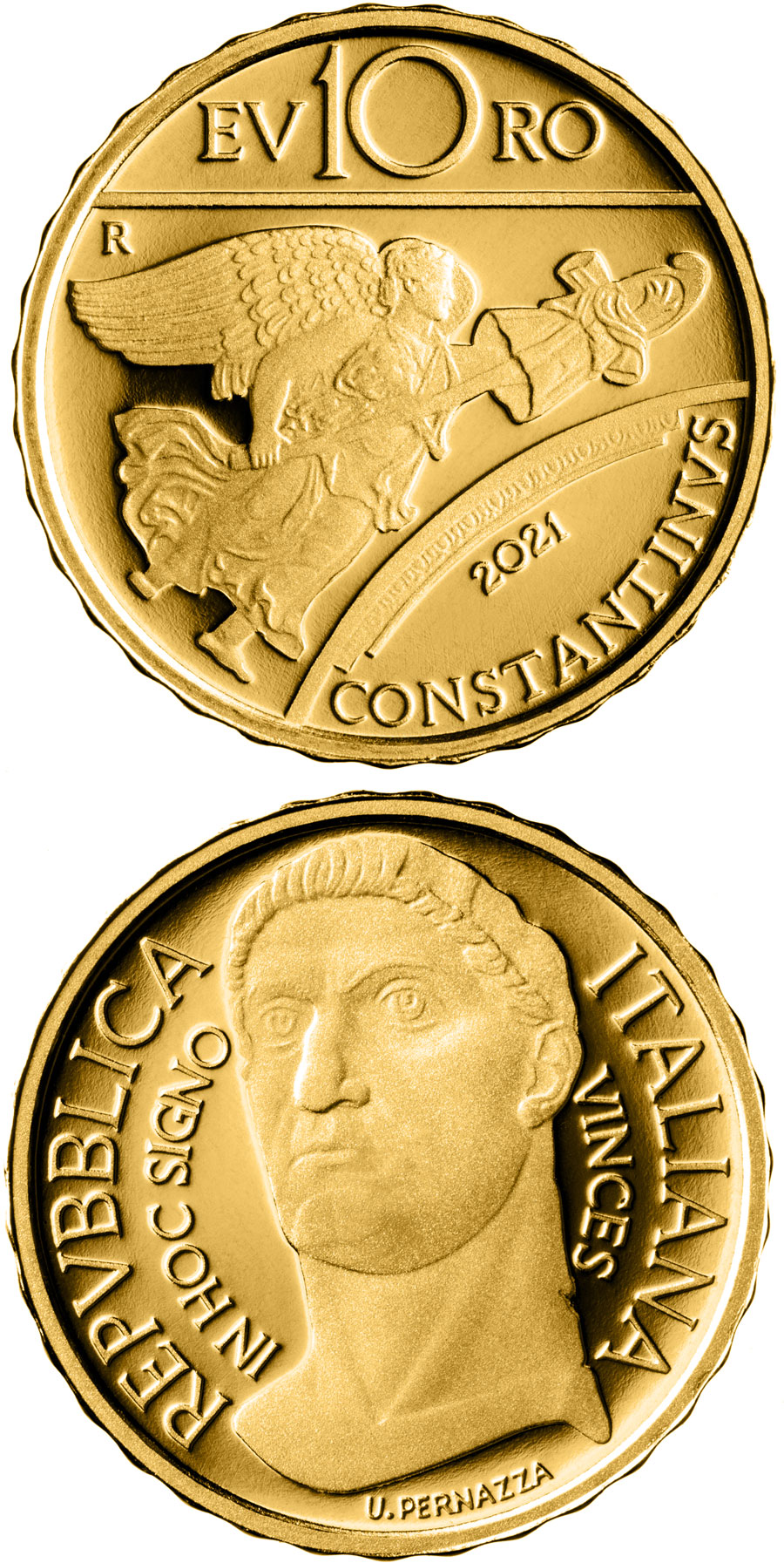 Image of 10 euro coin - Costantino | Italy 2021.  The Gold coin is of Proof quality.