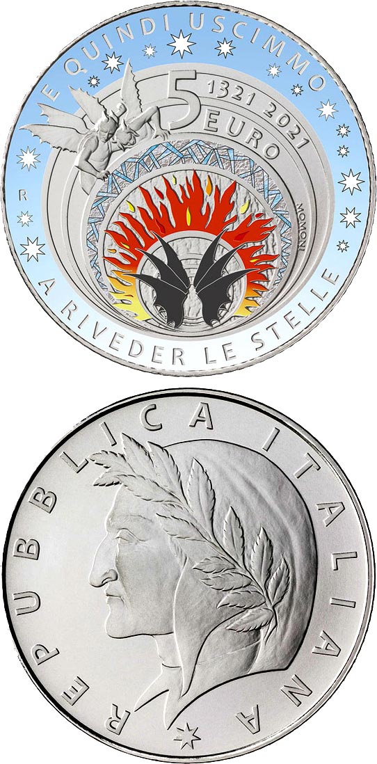 Image of 5 euro coin - 700th Anniversary of the death of Dante Alighieri: Inferno | Italy 2021.  The Silver coin is of BU quality.