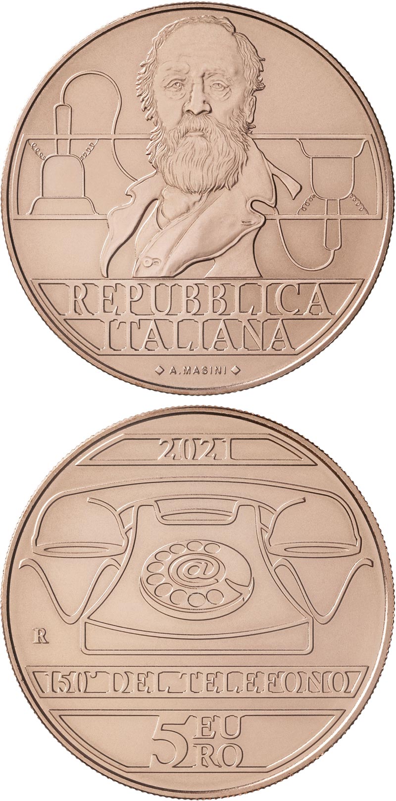 Image of 5 euro coin - 150th Anniversary of the invention of the telephone by Antonio Meucci | Italy 2021