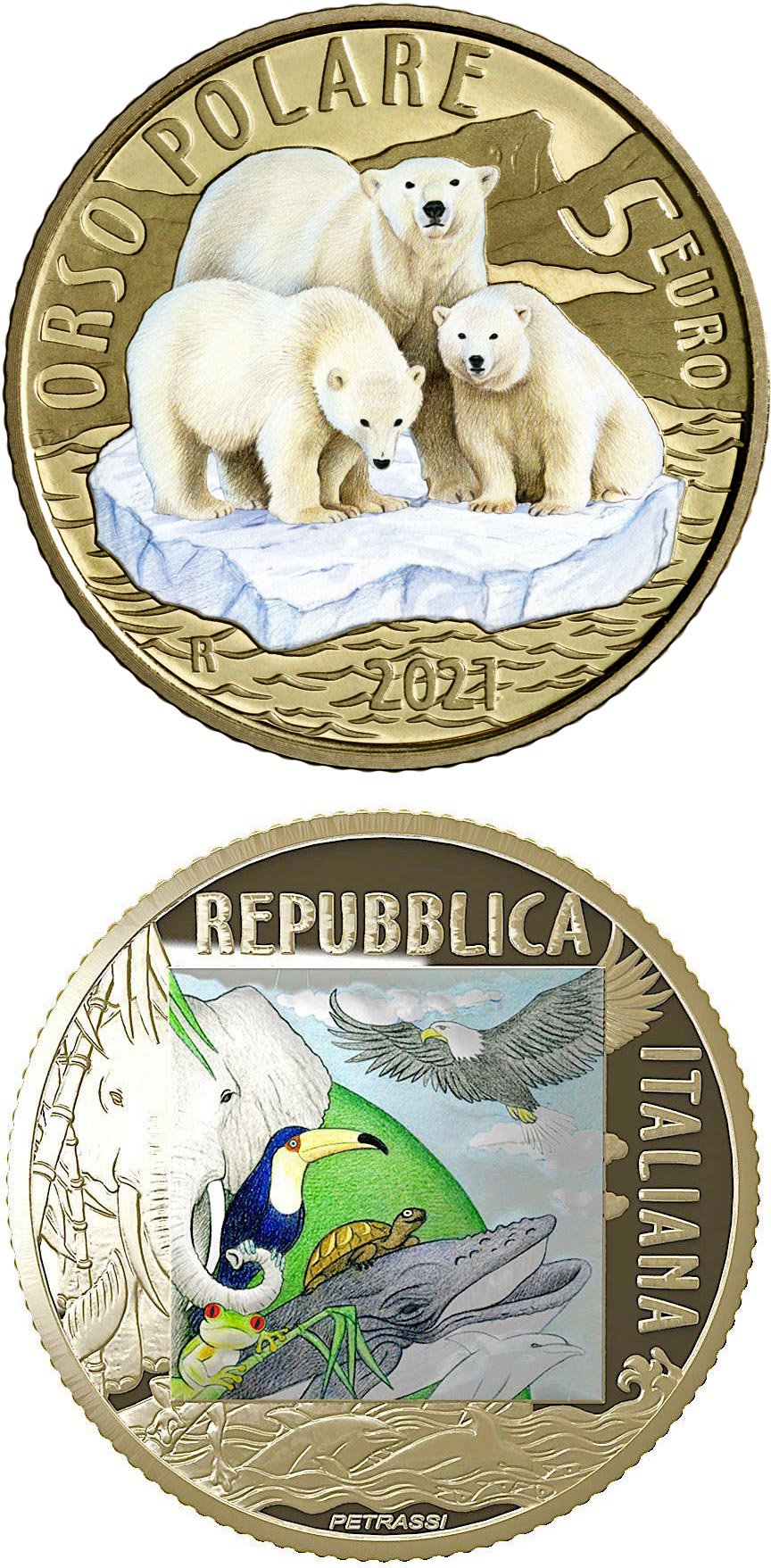 Image of 5 euro coin - Polar Bear | Italy 2021.  The Bronze coin is of Proof quality.