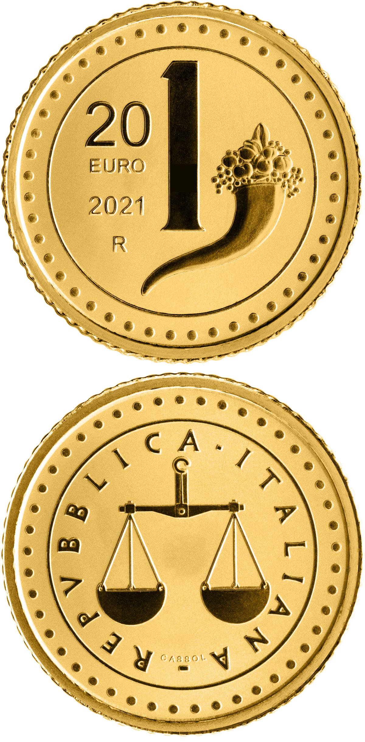 Image of 20 euro coin - The Heritage of Lira: 1 Lira | Italy 2021.  The Gold coin is of Proof quality.