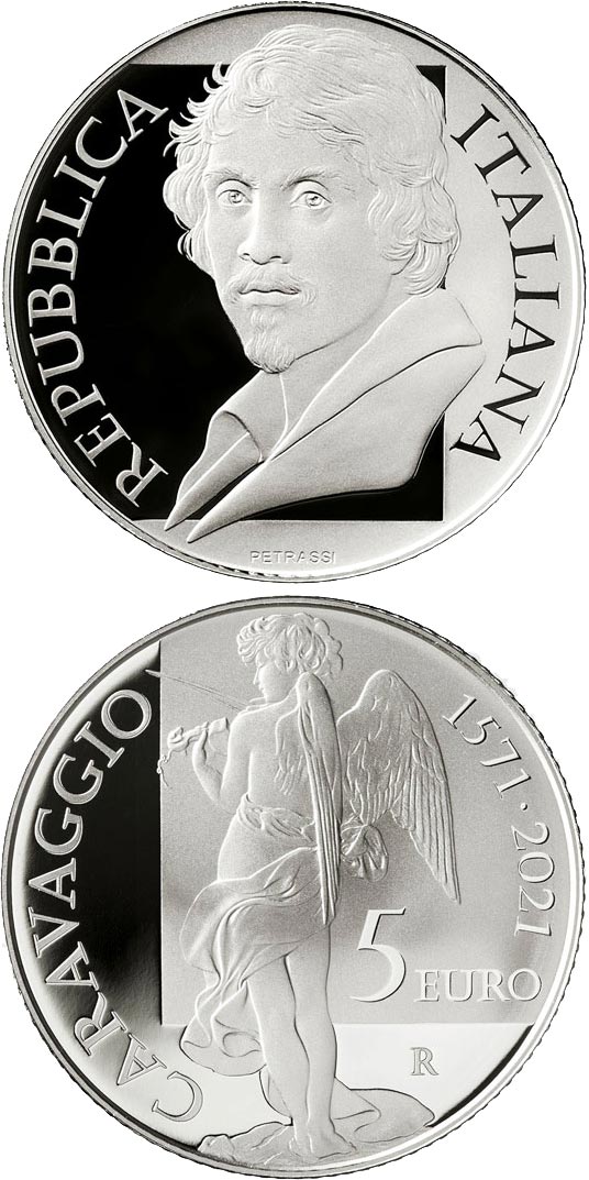 Image of 5 euro coin - 450th Anniversary of the Birth of Caravaggio | Italy 2021.  The Silver coin is of Proof quality.