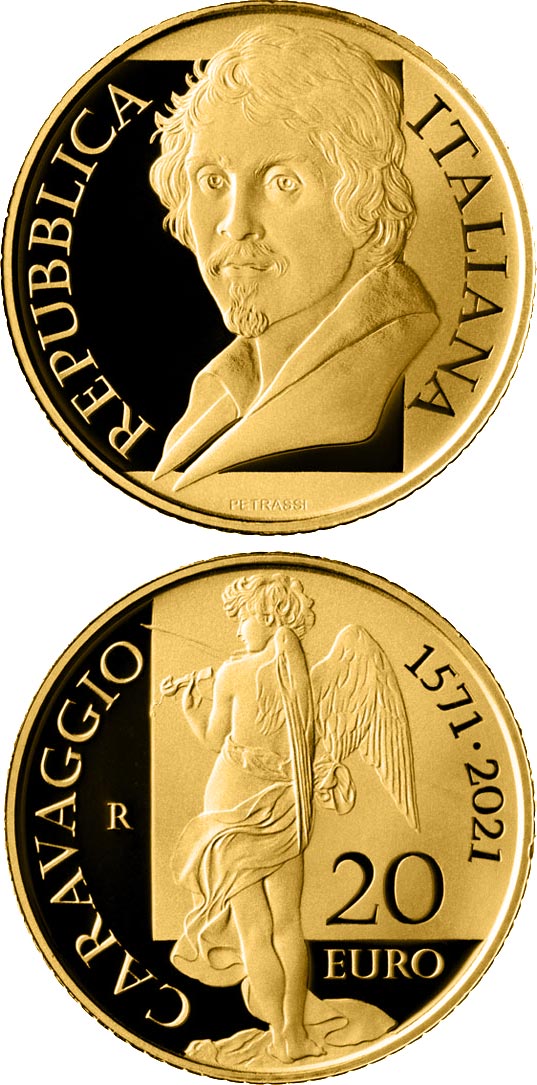 Image of 20 euro coin - 450th Anniversary of the Birth of Caravaggio | Italy 2021.  The Gold coin is of Proof quality.
