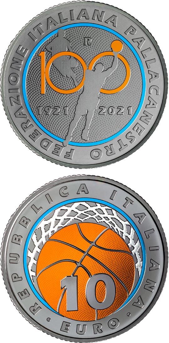 Image of 10 euro coin - 100 years of the Italian Basketball Federation | Italy 2021.  The Silver coin is of BU quality.