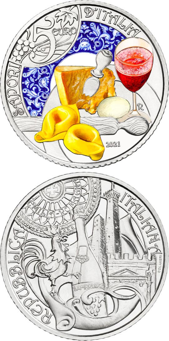 Image of 5 euro coin - Emilia-Romagna, tortellini and lambrusco | Italy 2021.  The Copper–Nickel (CuNi) coin is of BU quality.