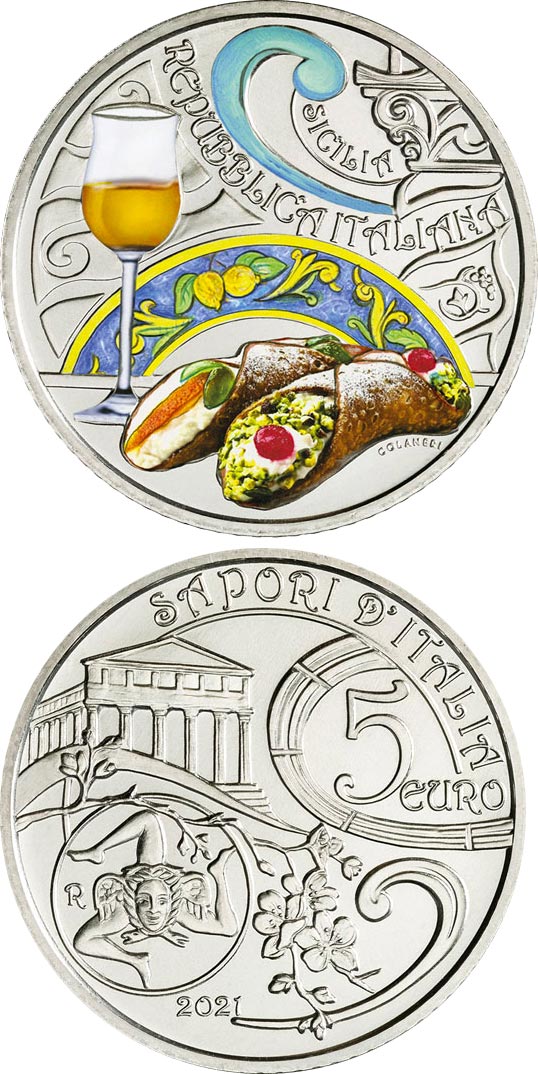 Image of 5 euro coin - Sicilia, cannolo e passit | Italy 2021.  The Copper–Nickel (CuNi) coin is of BU quality.